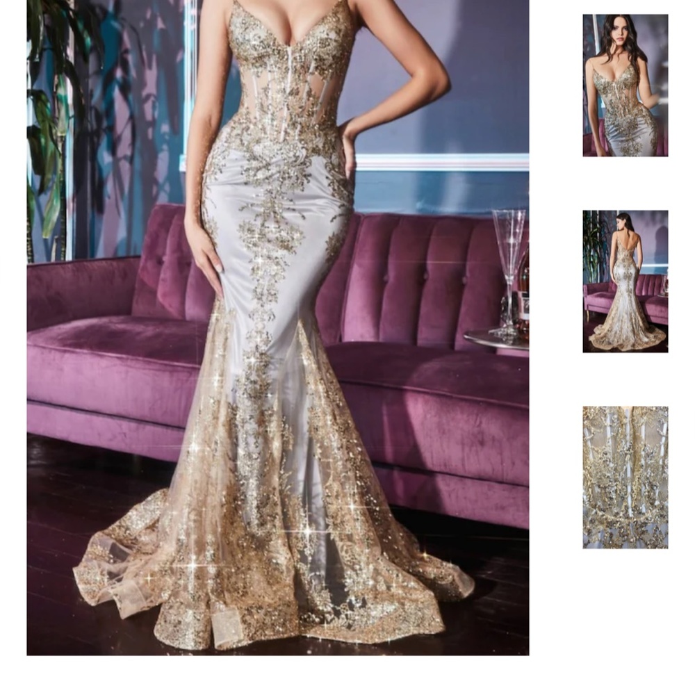 Gold Sequin Embellished Maxi Gown Plunge Neckline